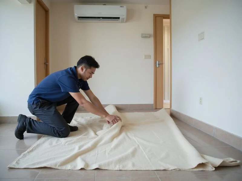 ML Solution technician laying floor protection before chemical wash
