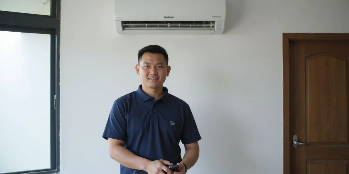 ML Solution lead technician beside an indoor split-unit aircond