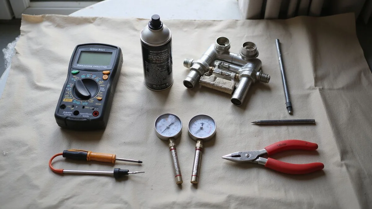 Aircond diagnostic toolkit including multimeter pressure gauge leak detection spray on protective canvas