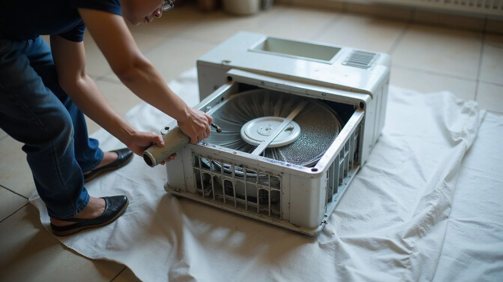 Aircond indoor unit fully dismantled with evaporator coil exposed for chemical wash