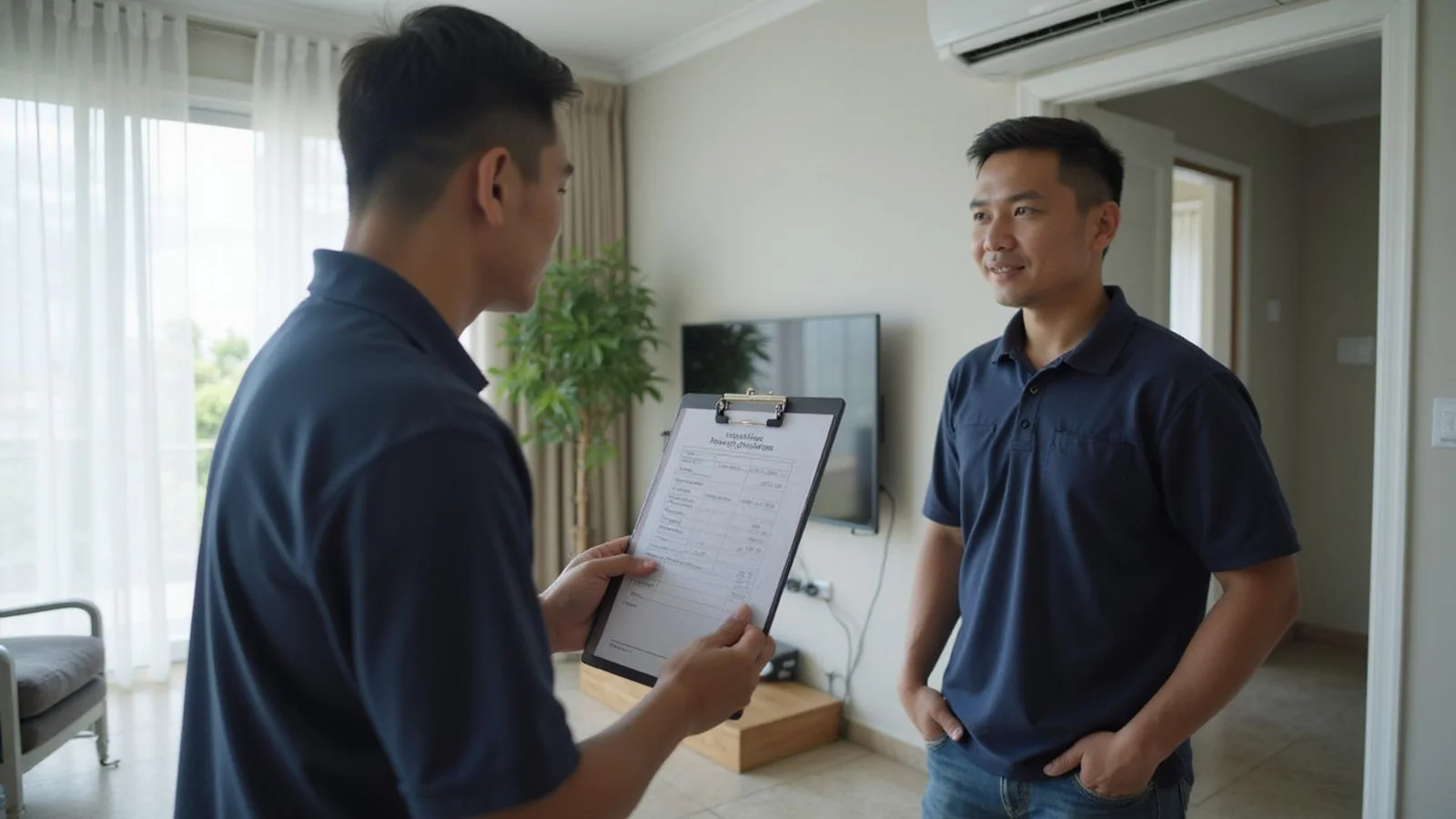 Technician handing a written aircond service quote to a homeowner
