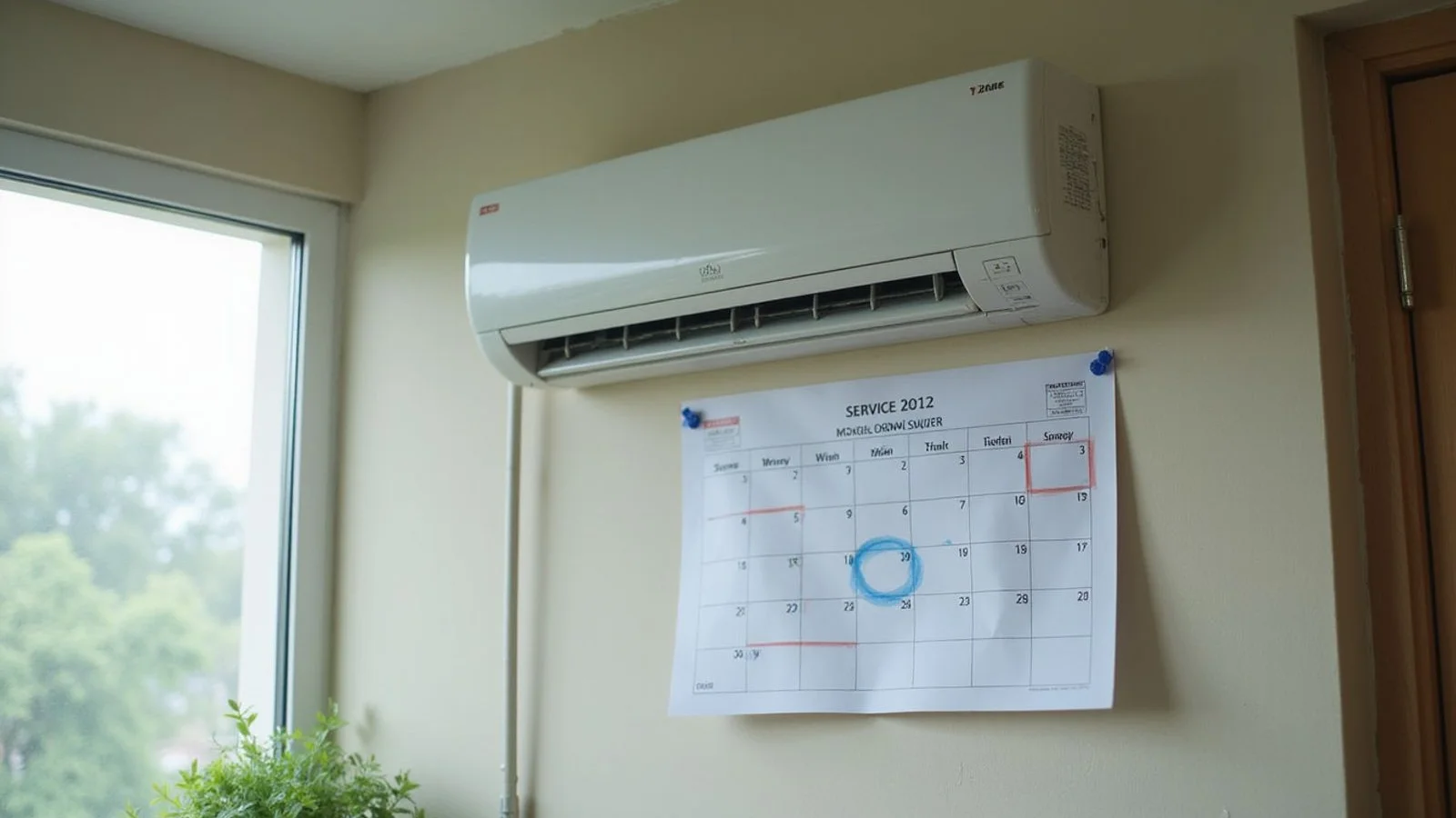 Service-history calendar next to an indoor aircond unit in a Shah Alam home