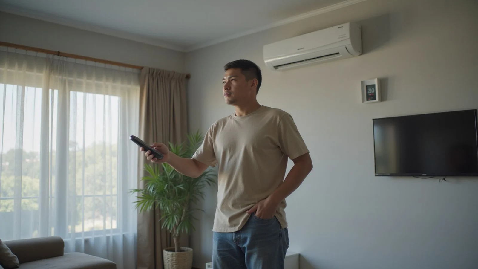 Frustrated homeowner with aircond remote pointing at an indoor unit that is blowing warm air
