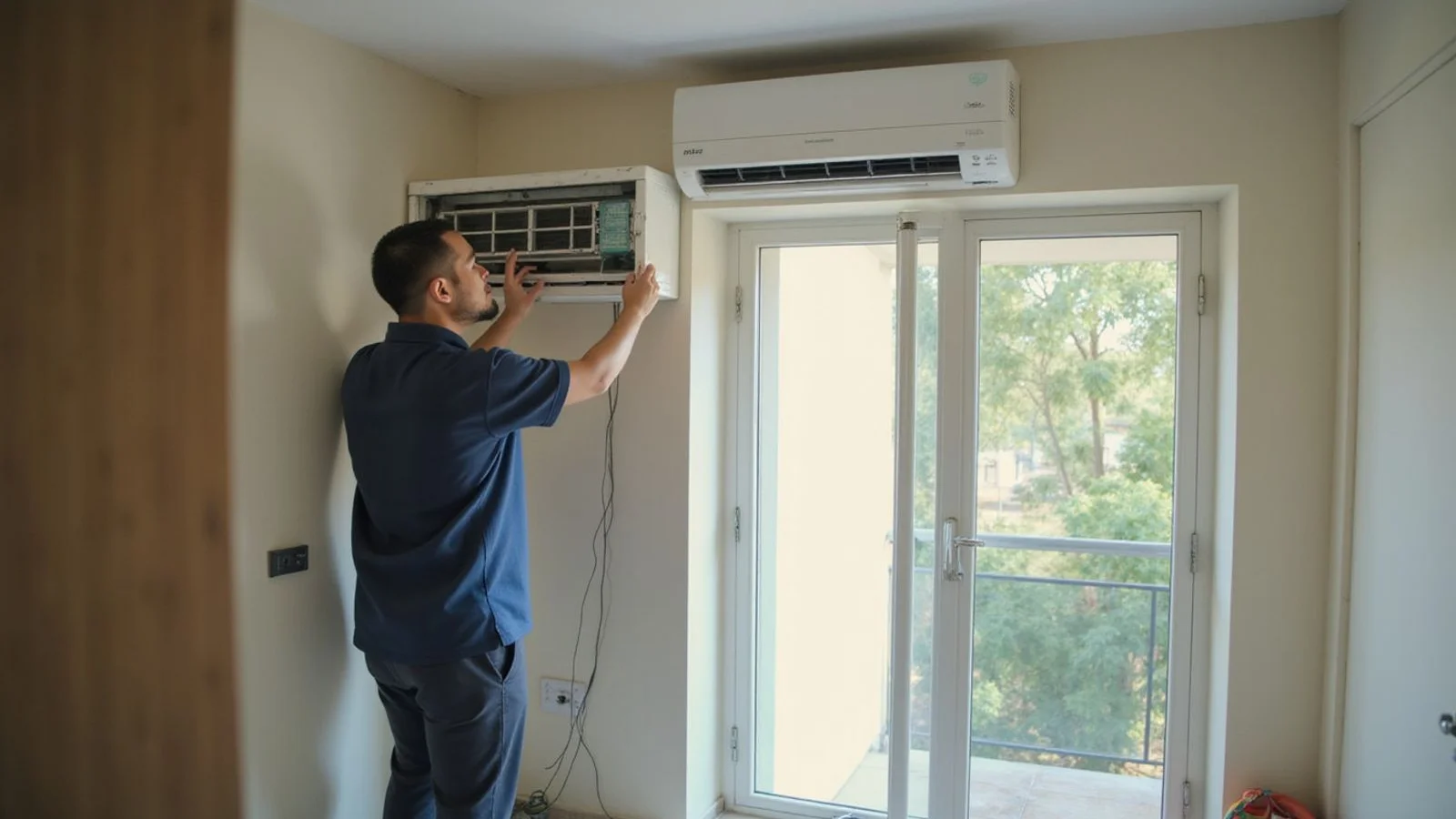 ML Solution technician performing routine residential aircond service in a Shah Alam terrace home
