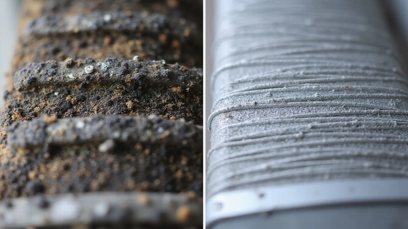 Side-by-side comparison of fouled aircond coil and freshly chemical-washed coil