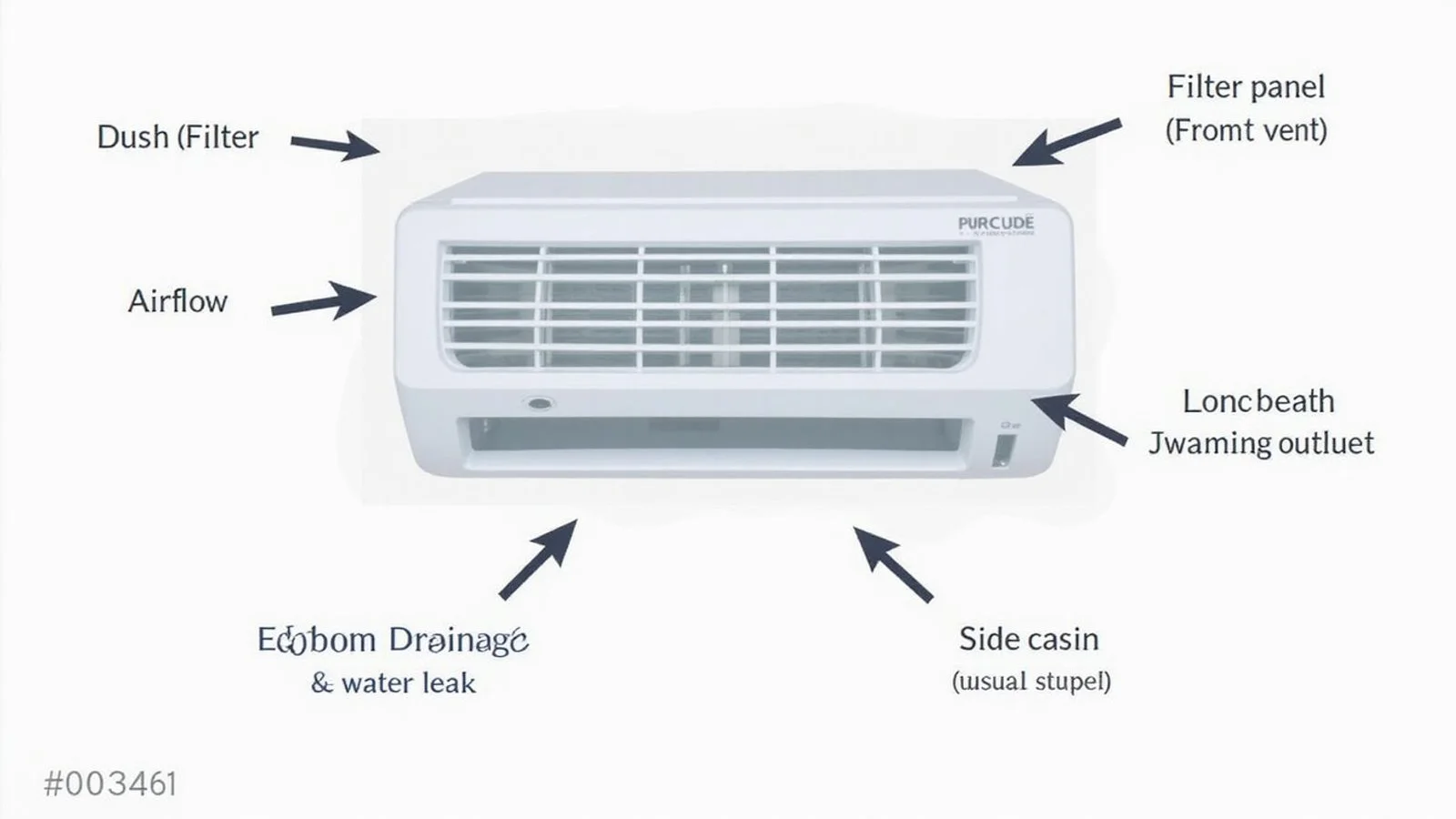 Symptom checklist visual on an indoor aircond unit annotated with filter, vent and drainage areas