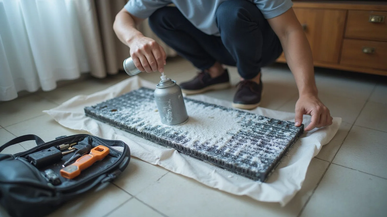 Technician applying alkaline foam to dismantled aircond evaporator coils inside a Malaysian home