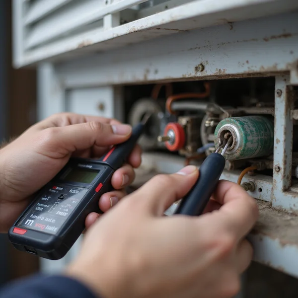 Technician testing capacitor with multimeter