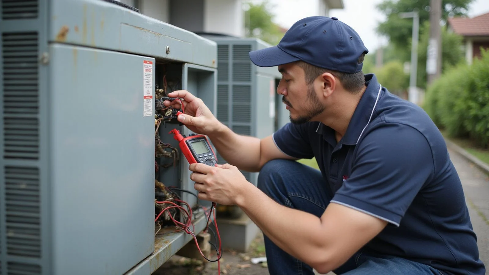 Technician taking amp-draw reading on an outdoor aircond compressor