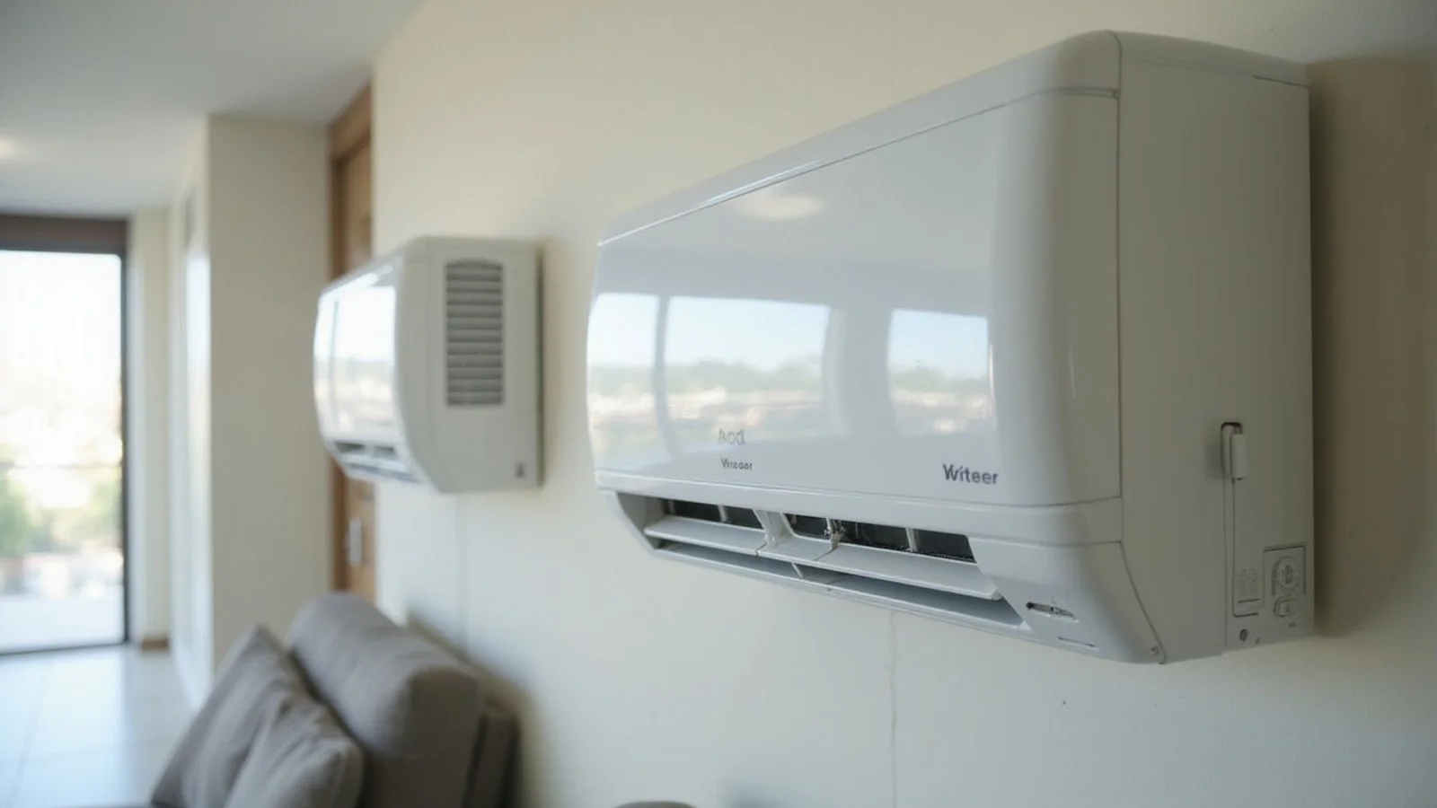 Two split-unit aircond systems mounted side by side on a Malaysian living room wall