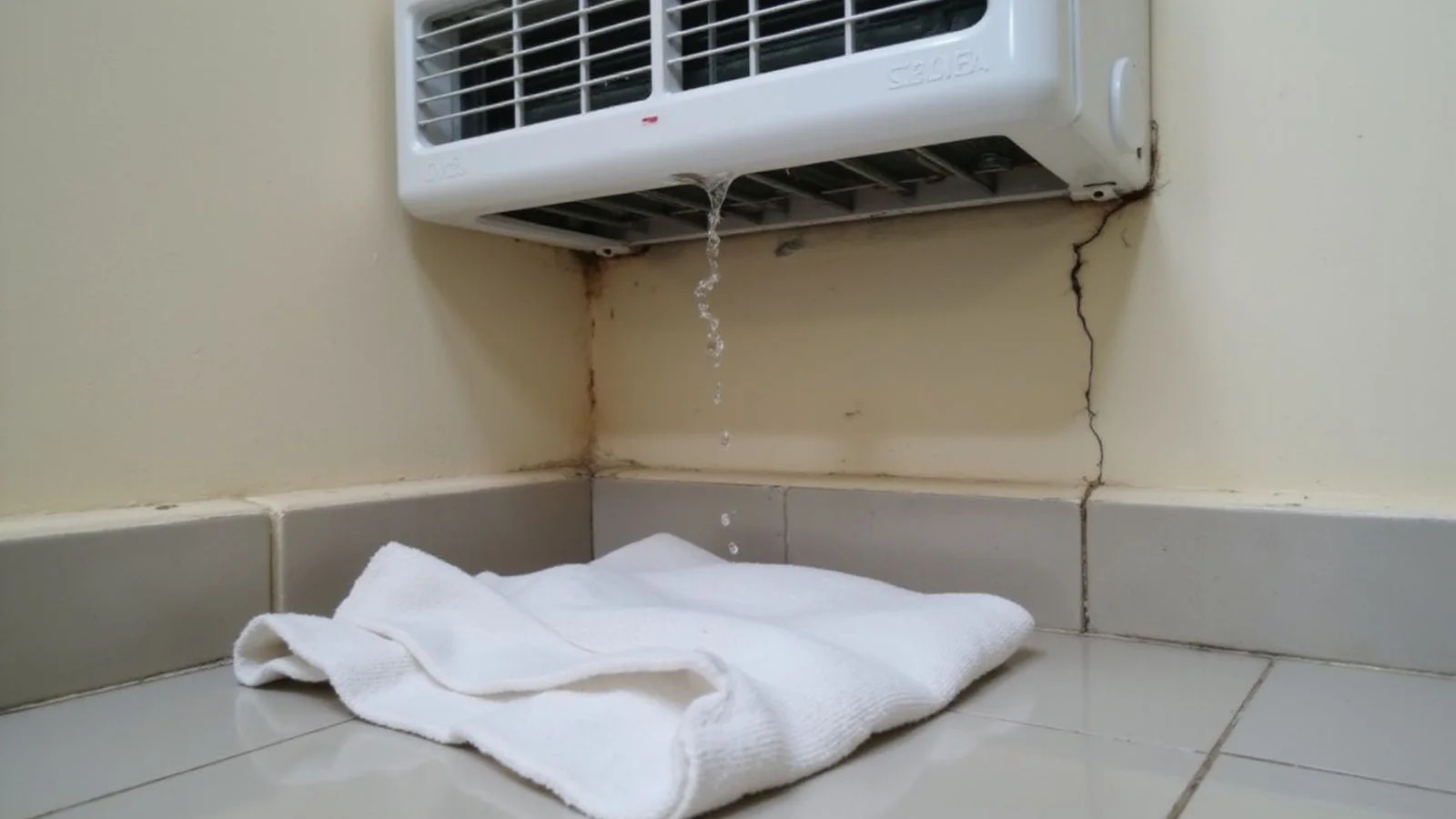 Water dripping from an indoor aircond unit onto a towel on a tiled floor